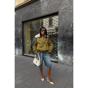 Gabardina Corta Verde Oliva con Cuello de Piel Sintética, Estilo Casual, Larga, Impermeable, Exterior de Cuero Genuino, Personalizada para Otoño Invierno - Product Image 5