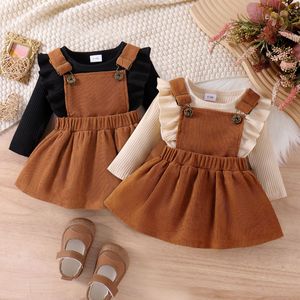 Conjunto de Dos Piezas para Bebés Niñas, Manga Larga, Color Sólido, Chaqueta Tipo Pullover, Falda con Tirantes, Cierre de Botones, Algodón, a la <span class=keywords><strong>Moda</strong></span> - Product Image 1