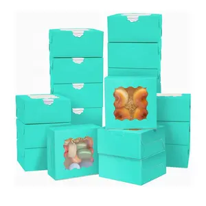 4*4*2.5inch Blue Mini Cookie Macaron food packaging Boxes with Window Recyclable Small Donut Pastry gift paper Boxes for Party