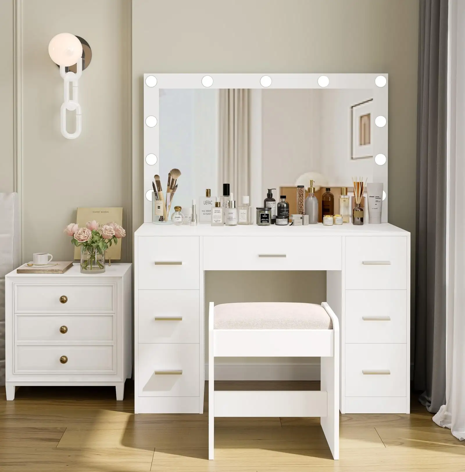 Modern Vanity Dressing Table com Espelho de Luz LED Deluxe Make up Table Wood Drawer Dresser Bedroom Furniture Home Furniture MDF