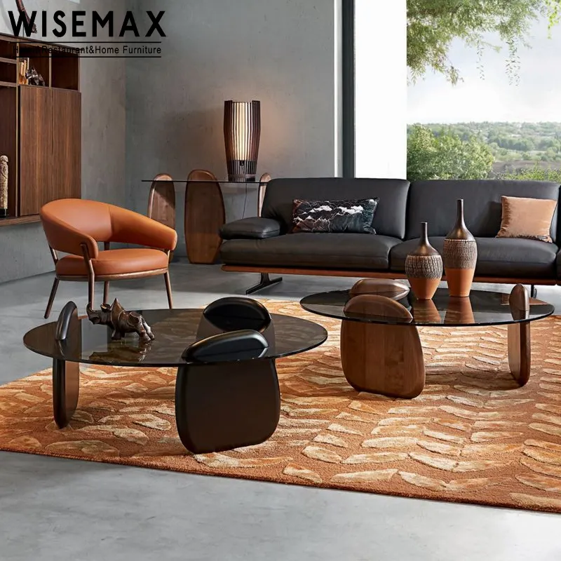 WISEMAX – meuble européen moderne et minimaliste, meuble de salon, Table basse en verre gris avec pied en bois massif