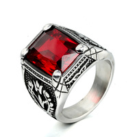 Bague en acier inoxydable avec pierre précieuse carrée, bague en pierre rouge pour homme