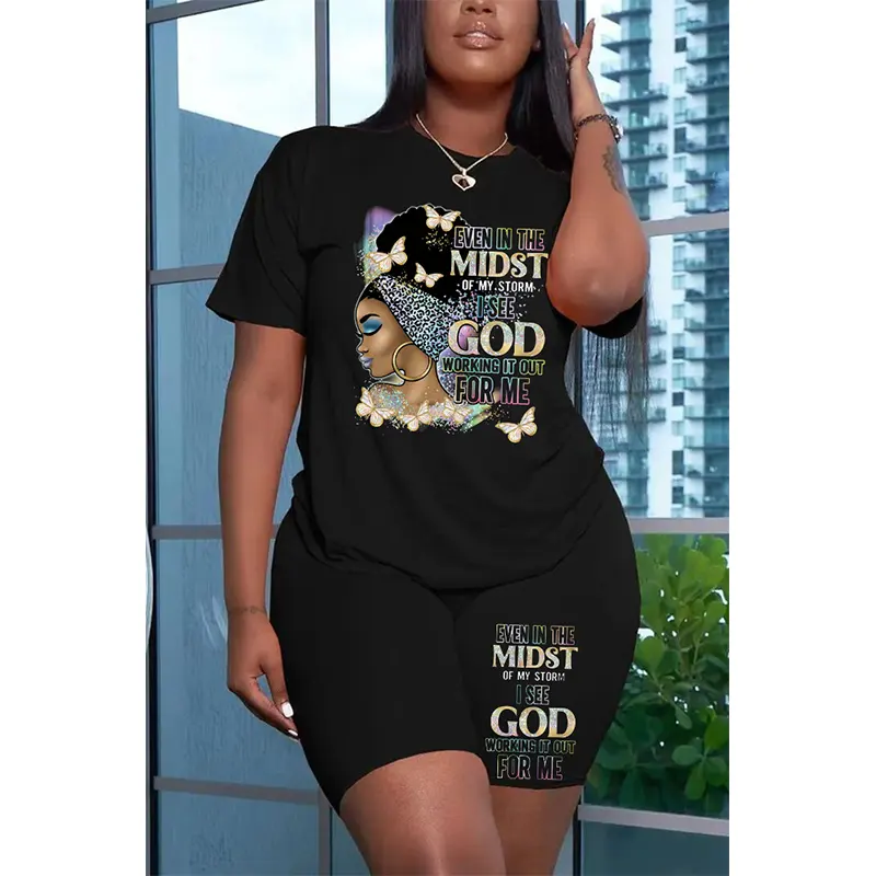 Custom Black Queen casual Summer plus size women clothing letter graphic print 2 piece set women DTF Film Printing T shirts