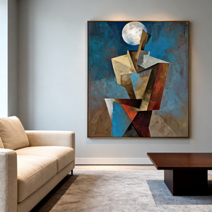 Pintura al Óleo Pintada a Mano de Inspiración Vintage, Cubismo, Figura Humana Geométrica, Paisaje Lunar, Arte de Pared en Lienzo - Product Image 2