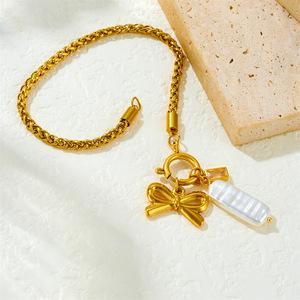 Gold Plated Braided Chain Bracelet With Bow And Shell Charm Stainless Steel Jewelry Gift - Product Image 3