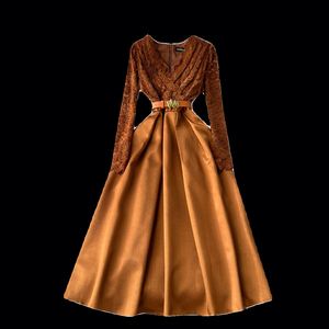 Vestido Midi Elegante de Otoño de Alta Calidad para Mujer, Talla Grande, Cuello en V, Manga Larga, Estilo Imperio, con Encaje y Parches - Product Image 4