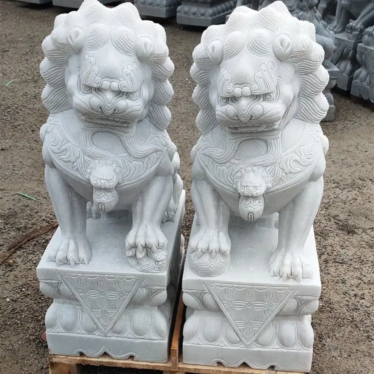 Marmo bianco foo dog animali scultura in marmo statua di leone foo dog statue vendita anime figura statua di pietra cinese leoni