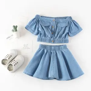 Wholesale denim two piece skirt set one-neck short-sleeved blouse and sun hem skirt girls clothing sets