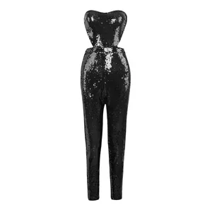 2020 Lange Zwarte Off Shoulder Romper Backless Vrouwen Sequin Jumpsuit