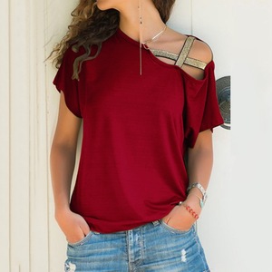Verano casual diagonal hombro cruzado irregular manga corta Camiseta impresa de mujer para mujer - Product Image 2