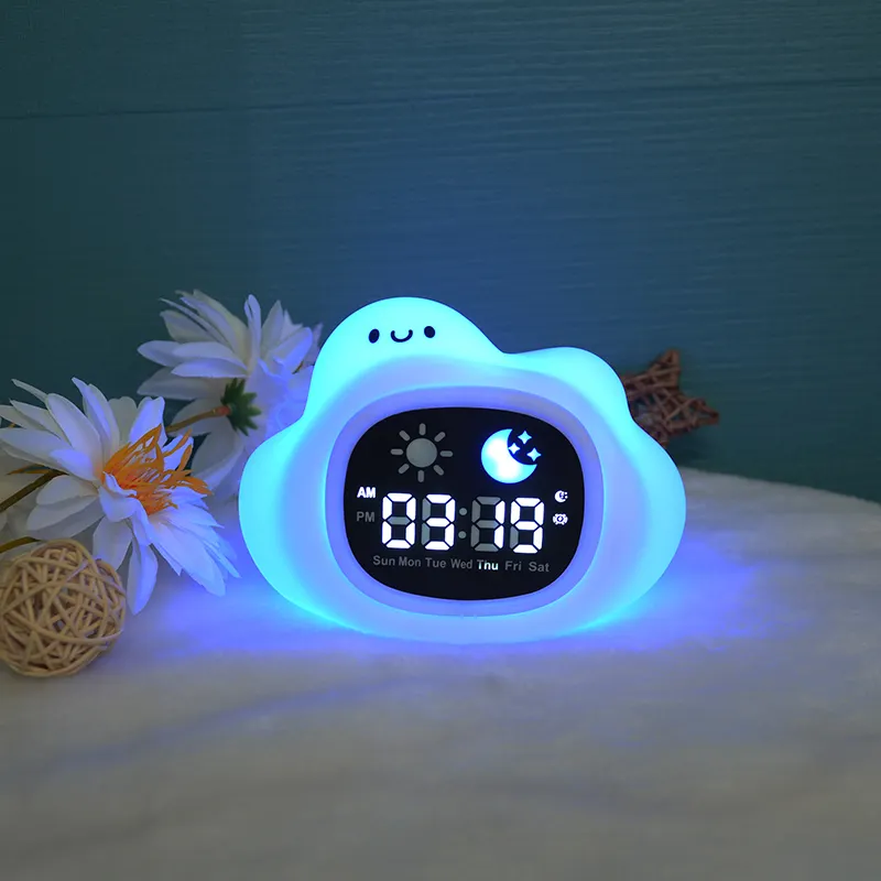 ساعة التقويم الرقمية بتصميم السحاب اللطيف، ساعة جانبية إبداعية مضيئة في الظلام للتعلم، منبه منبه للاستيقظة للأطفال
