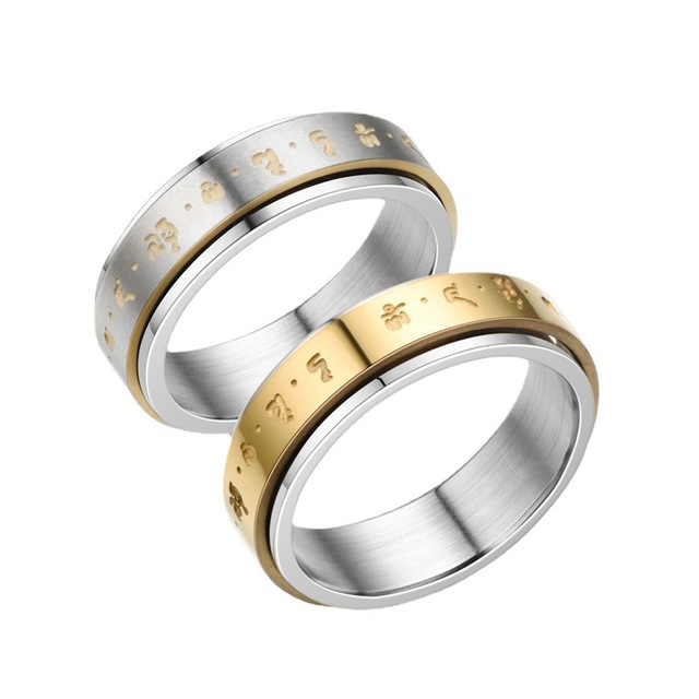 Buddhist Stess Relief Om Mani Padme Hum Two Tone Stainless Steel Spinner Anxiety Fidget Ring