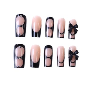 Unghie Finte Lunghe Nere Stile Gotico Sexy con Fiocco Circolare e Strass, Vendita all'Ingrosso con Confezioni OEM/ODM - Product Image 5