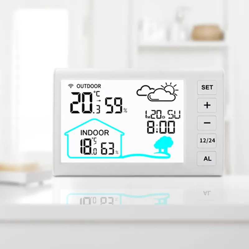 部屋の時計に取り付けられた1線式スマートワイヤレスモニター、ブザーアラームデジタル湿度および温度計湿度計