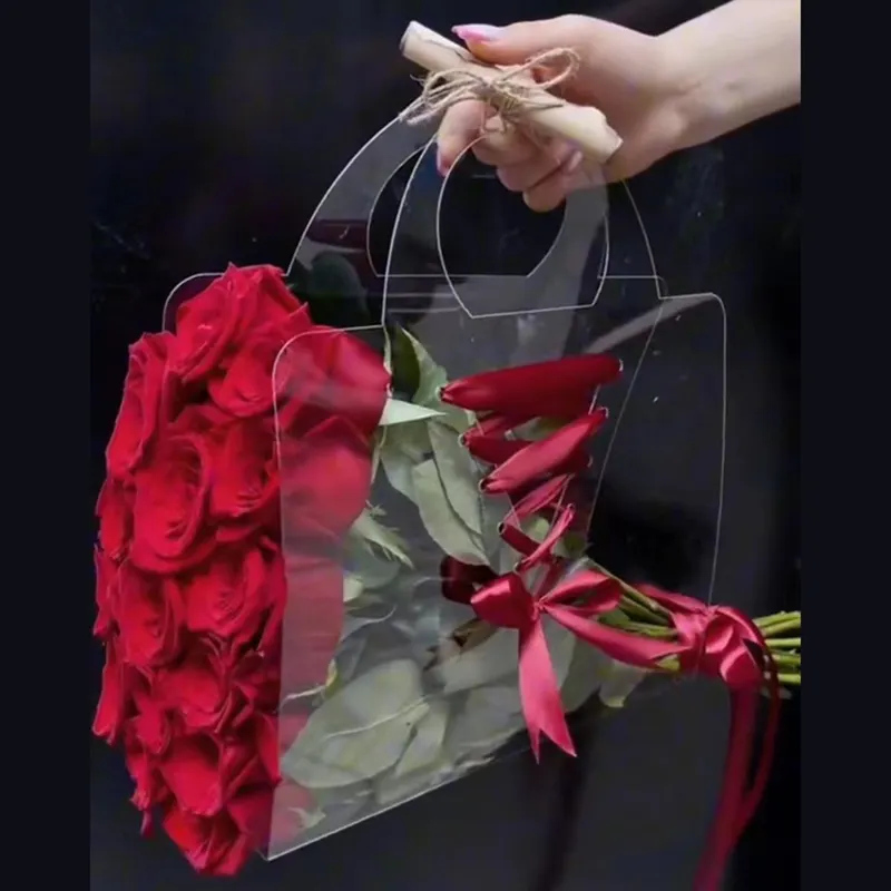 Customized clear plastic flower bag with handles transparent handbags florist decoration flower bouquet wrapping PVC bags