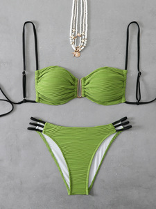 Conjunto de bikini triangular de color liso con fruncido sexy para mujer, con lazo en la espalda, sin espalda, de 2 piezas, para playa - Product Image 1