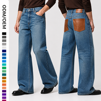 Jeans en denim de coton 13 oz pour homme, coupe droite, personnalisables OEM ODM, faible MOQ, poche à rabat en cuir, style classique vintage, streetwear