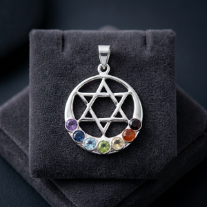 Circle Pendant With Star Of David And Seven Gemstones Inlayed For Chakra Healing - Product Image 4