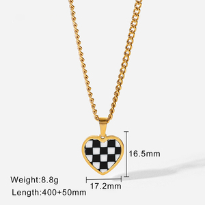 Trendy 18k Gold-Plated Stainless Steel Pendant Necklace Non-Tarnish <strong>Black</strong> White Chess Plaid Rhombus <strong>Heart</strong> for Weddings Parties - Product Image 6