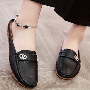Mules mocassins noires pour femmes à talon ouvert avec boucle en strass, chaussures plates décontractées respirantes en cuir PU souple pour la conduite - Product Image 1