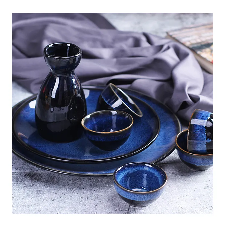 Mascot Ceramic Kiln Turned Blue Wine Set Cup Rice Shaojiu Baijiu Sake Pot