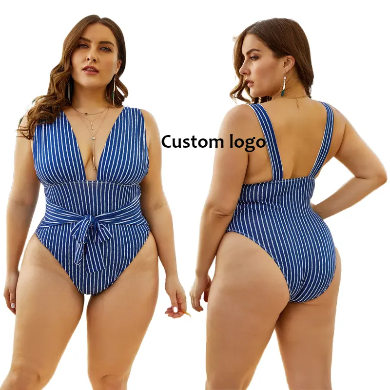 J8786 5XL Summer sexy blue high quality striped beachwear custom belt fat one piece swimsuit for women plus size swimwear 2021