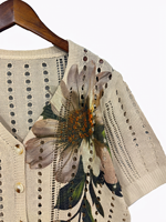 Cardigan en maille beige à motif feuilles pour femme, collection été 2026, col en V, pull ajouré pointelle, 100 % polyester, imprimé botanique, coupe courte