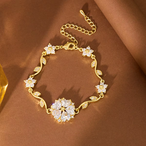 Exquisito Conjunto de Pulsera y Cadena para Clavícula de Latón Brillante con Zirconia, Hoja Verde y Flor de Melocotón, Regalo para el Día de San Valentín, Estilo Casual/Deportivo - Product Image 5