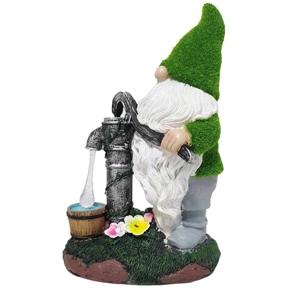 Estatueta de gnome de resina ao ar livre, com luz de bomba de água e luz para enfeite de gramado