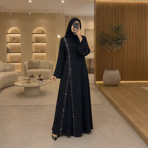 Abaya noire longue pour femme, col montant, manches longues, robe islamique modeste, en polyester à sequins, coupe ample, style Moyen-Orient, pour la prière - Product Image 1