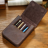 Trousse à crayons en cuir Crazy Horse faite à la main-6 pièces, tiroir magnétique, boîte de rangement pour sac à stylo étudiant