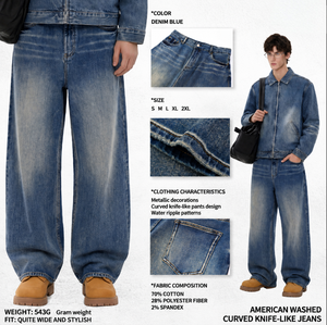 Jean rétro américain classique 543G pour homme, coupe large amincissante, motif vague, tendance 2026 - Product Image 1