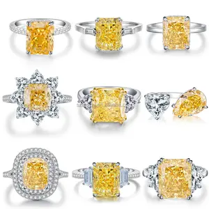 Luxury S925 Sterling Silver Jewelry Ice Cut Radiant Yellow Cz 8a Cubic Zirconia Diamond Promise Engagement Band Wedding rings