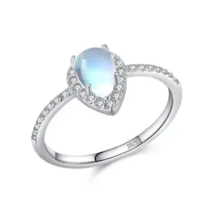 Fashionable design jewelry dainty wedding Oval Cut zircon ring cheap Inlay moonstone 925 sterling silver casual rings for ladies