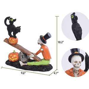 Halloween Skeleton Decor,Tombstone Seesaw Skeleton <strong>Cat</strong> Owl Statue with Pumpkin Lantern - Product Image 2