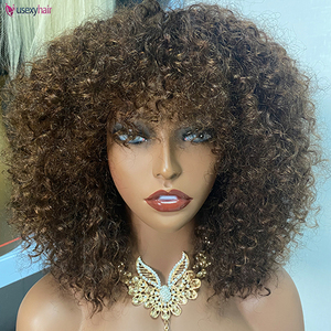 Perruque sans colle en <span class=keywords><strong>cheveux</strong></span> humains naturels bruts, bouclés <span class=keywords><strong>afro</strong></span> crépus, couleur naturelle, fabriquée à la machine, avec frange, sans dentelle, prix de gros - Product Image 4