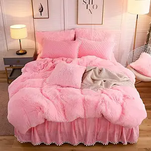 浅粉色长绒蓬松羽绒被覆盖集豪华超级柔软水晶绒床上用品套装