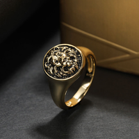Bague Lion Dorée Vintage en Argent Sterling 925, Bague Chevalière Plaqué Or pour Hommes et Femmes