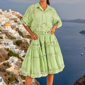 Vacation Style New Lapel Embroidered Lace Shirt Half-body Skirt Women's 2-piece <b>Set</b> Fashion - Product Image 1