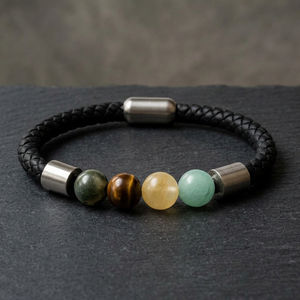 Bracelet en cuir tressé avec perles de pierre, fermeture magnétique, bracelet en pierres précieuses naturelles, bijoux multicolores, cadeau - Product Image 2