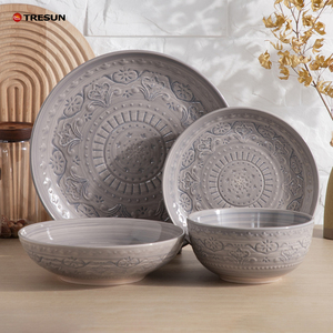 Vente directe d'usine OEM ODM, vaisselle en céramique et grès, pièces personnalisées, bols doubles, assiettes vertes de luxe en relief, ensemble de vaisselle - Product Image 6