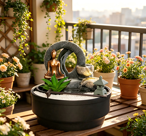 Fontaine de jardin <span class=keywords><strong>zen</strong></span> moderne avec porte-encens, <span class=keywords><strong>sable</strong></span> et râteau, figurine abstraite en bronze méditant et plante artificielle pour bureau - Product Image 5