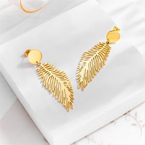 Feather Pendant Earrings Gold Long Metal Exaggerated Design Everyday Wear - Product Image 3