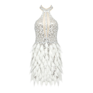 A8149 prezzo all'ingrosso Mini <span class=keywords><strong>abito</strong></span> da sera da donna <span class=keywords><strong>bianco</strong></span> con paillettes e <span class=keywords><strong>piume</strong></span> senza maniche - Product Image 6