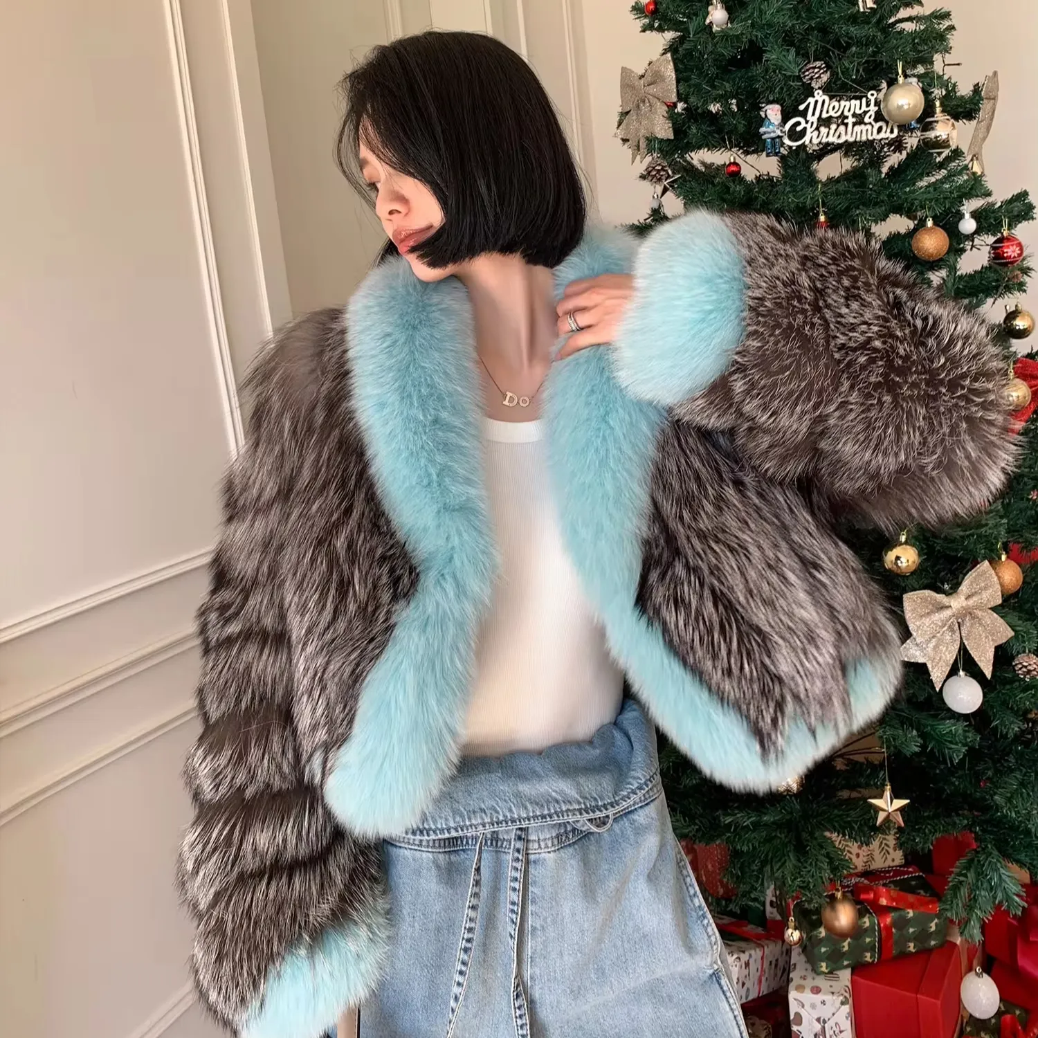 New Fashion Real Silver Fox Fur Natural Short Coat Mix Blue Color Women's Genuine Fur Cropped Jacket Winter Wholesale