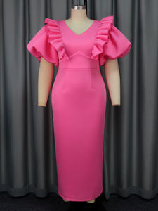 Toptan sevimli kısa V boyun puf kollu fırfır kokteyl elbise Lady - Product Image 4