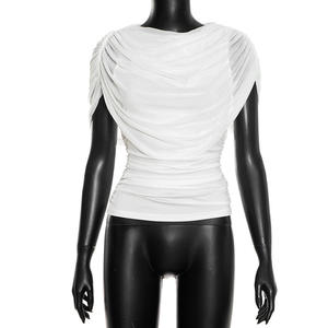 Women's Draped Sheer Mesh Overlay <b>Top</b> Ruched Waist Fitted Blouse Shirt Fashion - Product Image 6