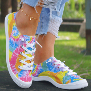Zapatillas de lona transpirables y antideslizantes con cordones de mezclilla multicolor de alta calidad, estilo gipsy, con forma de barco y diseño de arcoíris. - Product Image 2