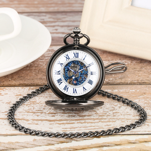 Jam tangan saku mekanis untuk pria, arloji saku kerangka Steampunk hitam kambing berongga dengan rantai & angka Romawi biru, hadiah Gotik unik untuk pria - Product Image 2