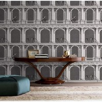 Papier peint non tissé gris vintage motif arche de singe, esquisse architecturale européenne, pour bureau
